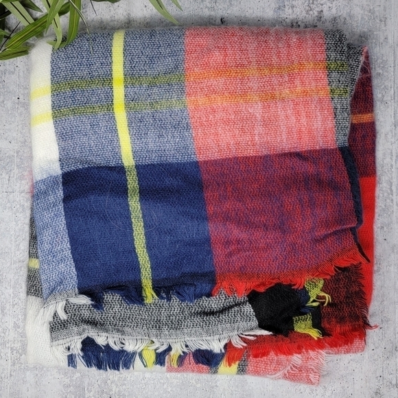 Red Navy Blue Yellow White Plaid Blanket Scarf with Fringe - Picture 2 of 3